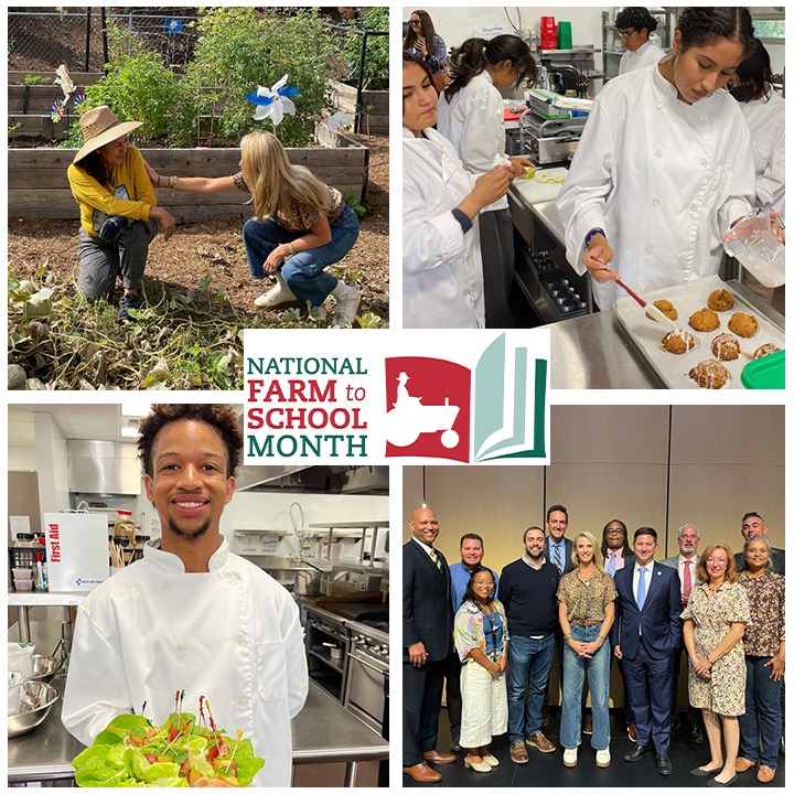 National Farm-to-School Month: people working in a garden, student chefs frosting scones and presenting lettuce cups, Siebel Newsom poses with leadership